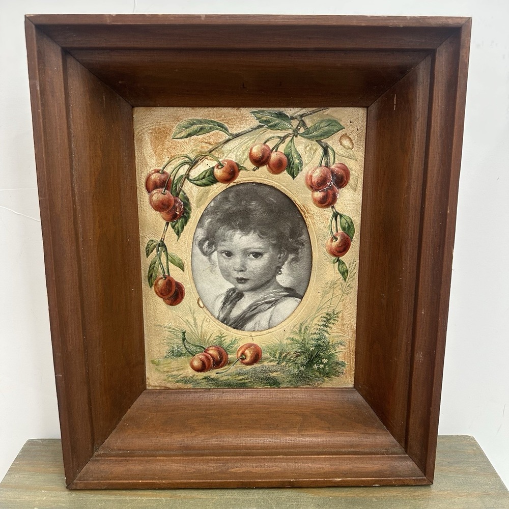 Vintage Framed Art Girl Thick Wood Deep Textured Mat‎ Blossoms Floral 13x11" B&W